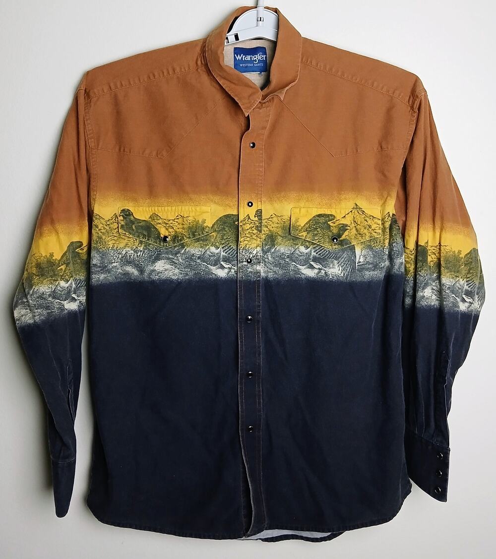 Vintage 90s Wrangler Western Pearl Snap Shirt XXL Eagle Mountain Landscape Rare